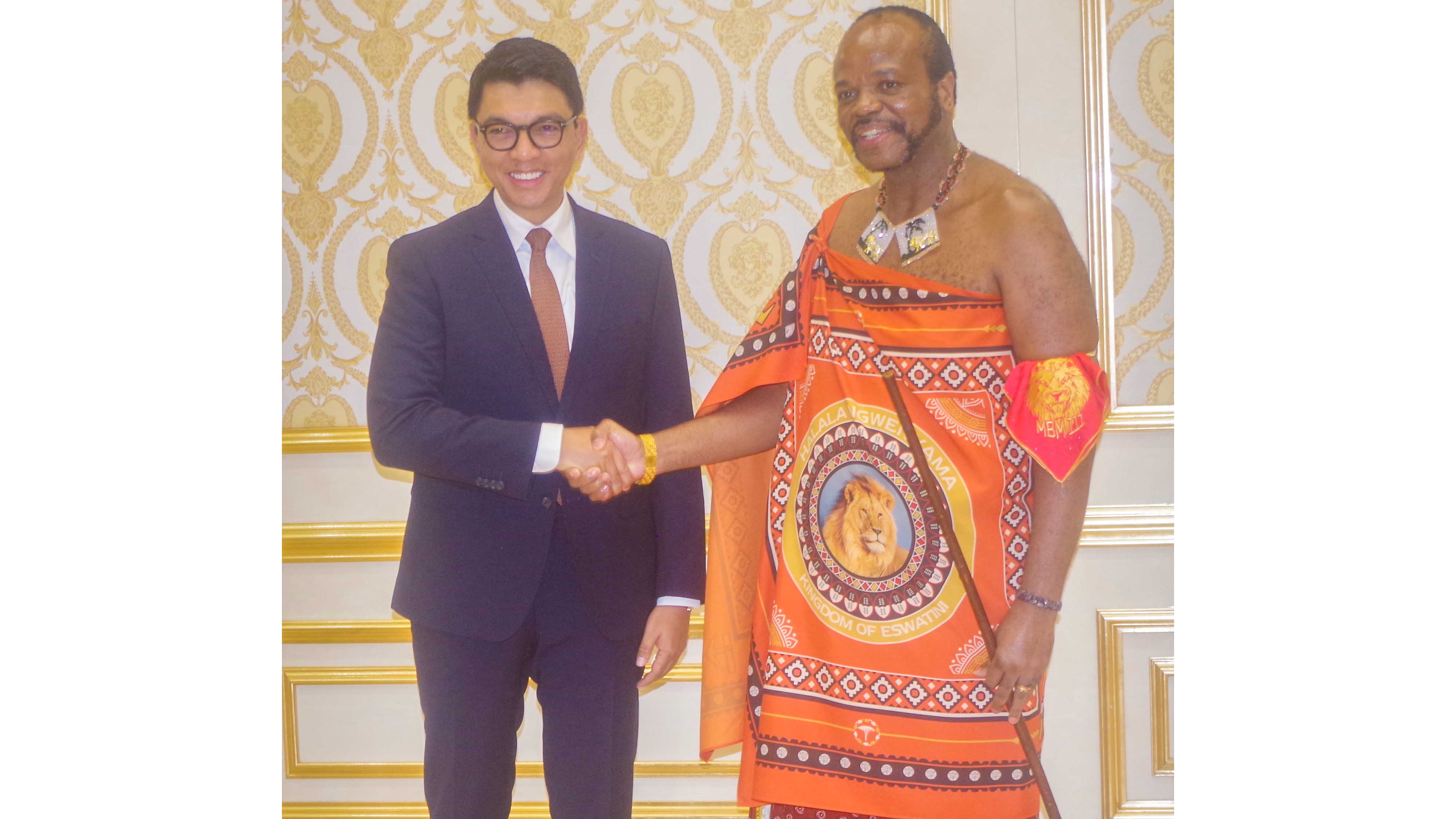 His Majesty King Mswati III shaking a hand with the Republic of Madagascar President Andry Rajoelina at the Mandvulo Gramnd Hall last Friday.